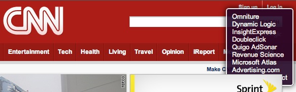 CNN Screen Shot showing Ghostery overlay of tracking tools
