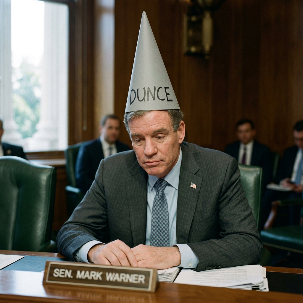 Senator Mark Warner wearing a dunce cap labeled DUNCE in a meeting room
